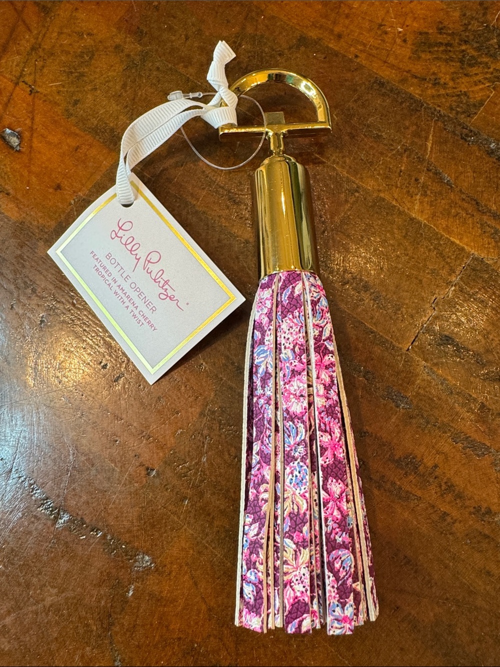 Lilly Pulitzer Gold Bottle Opener with Pink Floral Tassel